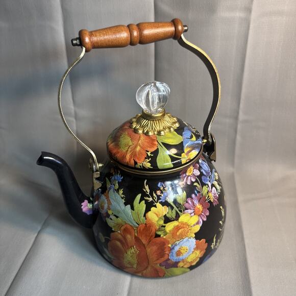 McKenzie-Child’s 2 Qt teapot Kettle Black Flowers Excellent Condition - Picture 1 of 7